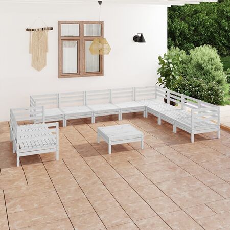  Set mobilier de grădină, 11 piese, alb, lemn masiv de pin