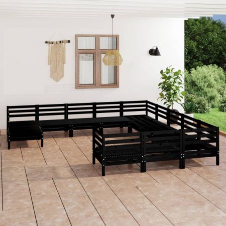 Set mobilier de grădină, 12 piese, negru, lemn masiv de pin
