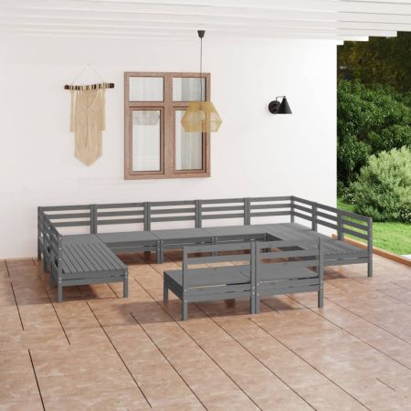 Set mobilier de grădină, 11 piese, gri, lemn masiv de pin