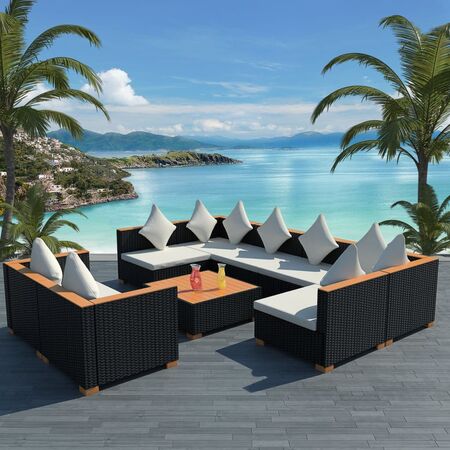  Set mobilier de grădină cu perne, 9 piese, negru, poliratan