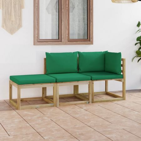 Set mobilier de grădină, 3 piese, cu perne verzi