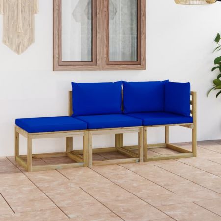 Set mobilier de grădină, 3 piese, cu perne albastre