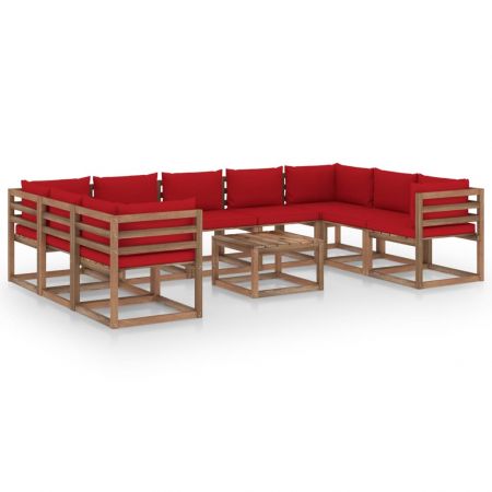 Set mobilier de grădină, 10 piese, cu perne roșii