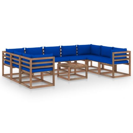 Set mobilier de grădină, 10 piese, cu perne albastre