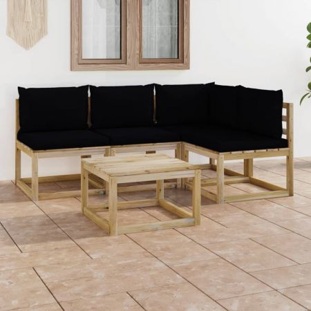 Set mobilier de grădină, 5 piese, cu perne negre