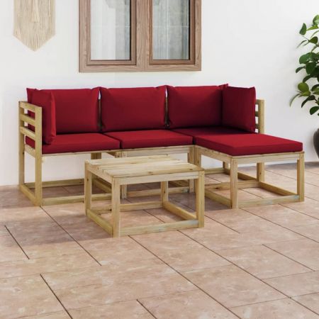 Set mobilier de grădină, 5 piese, cu perne roșu vin