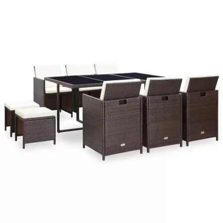  Set mobilier de exterior cu perne, 11 piese, maro, poliratan