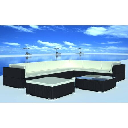  Set mobilier de grădină cu perne, 8 piese, negru, poliratan