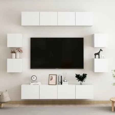 Set de dulapuri TV, 8 piese, alb, lemn prelucrat