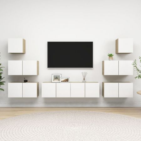 Set de dulapuri TV, 8 piese, alb si stejar sonoma, 60 x 30 x 30 cm