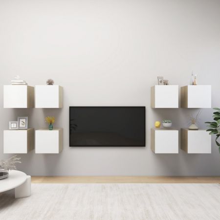 Set 8 bucati dulapuri tv cu montaj pe perete, alb si stejar sonoma, 30.5 x 30 x 30 cm