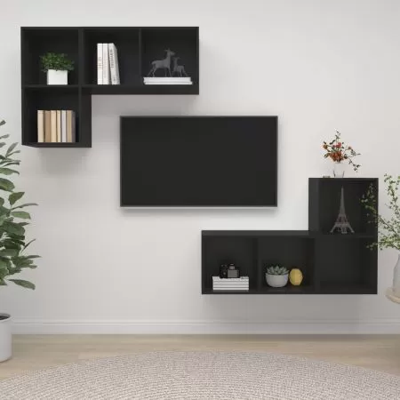 Set 4 bucati dulapuri tv montate pe perete, negru, 37 x 37 x 72 cm