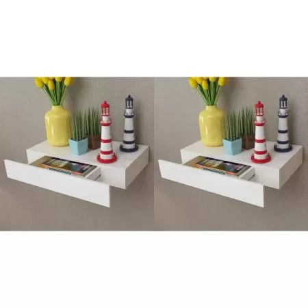  Rafturi de perete suspendate cu sertare, 2 buc., alb, 48 cm