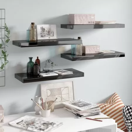  Rafturi de perete 4 buc. negru extralucios, 60x23,5x3,8 cm, MDF
