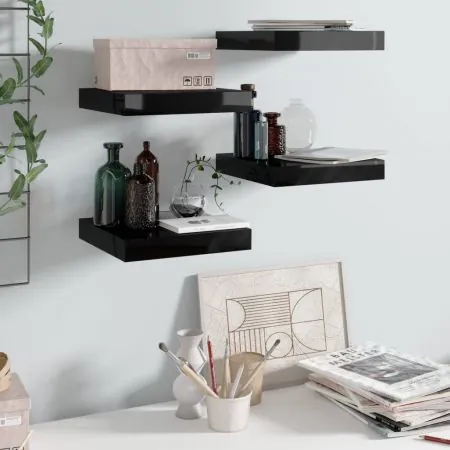  Rafturi de perete 4 buc. negru extralucios 23x23,5x3,8 cm, MDF
