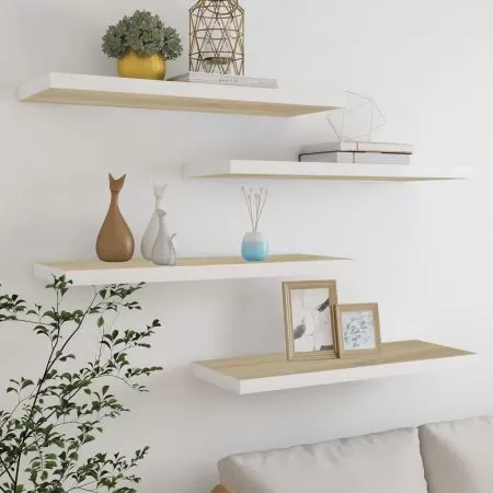  Rafturi perete suspendate 4 buc. stejar/alb 80x23,5x3,8 cm, MDF