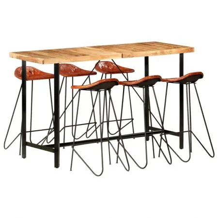 Set mobilier de bar 7 piese lemn masiv acacia & piele naturala, maro, 42 x 45 x 86 cm