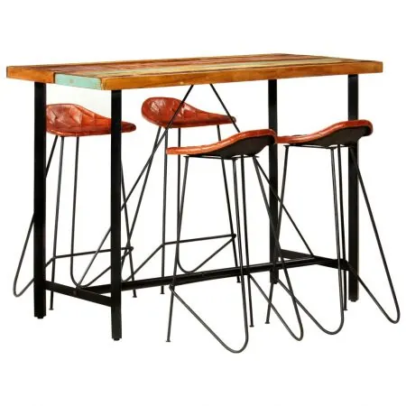  Set mobilier de bar, 5 piese, lemn reciclat și piele naturală