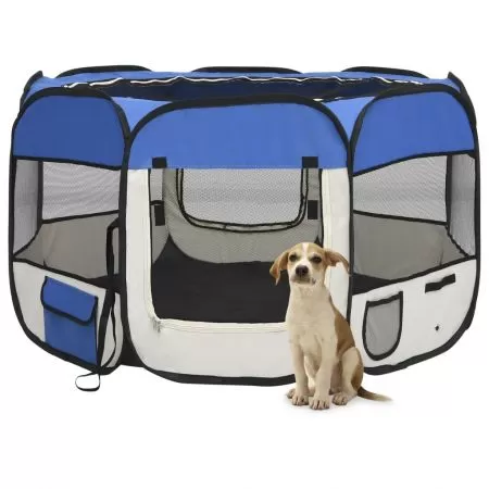  Țarc joacă pliabil câini cu sac de transport albastru 110x110x58 cm