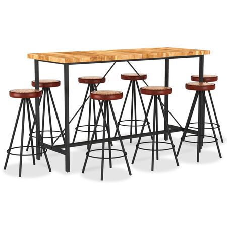  Set de bar 9 piese lemn masiv de acacia piele naturală și pânză