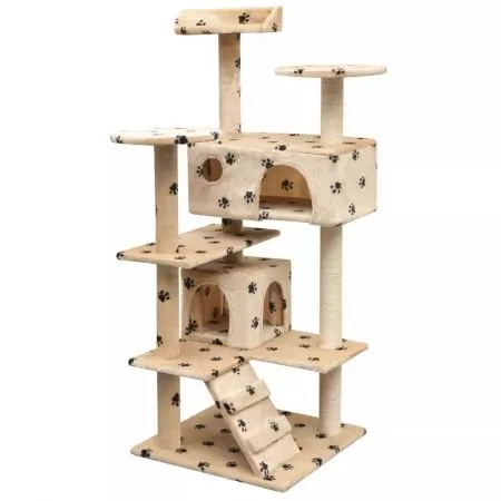 Ansamblu pisici cu funie de sisal, bej cu model, 67 x 67 x 125 cm