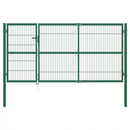  Poartă gard de grădină cu stâlpi, verde, 350 x 140 cm, oțel