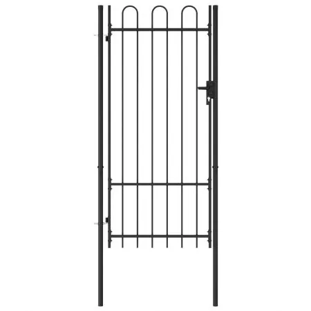  Poartă de gard, o ușă, cu vârf arcuit, negru, 1 x 2 m, oțel
