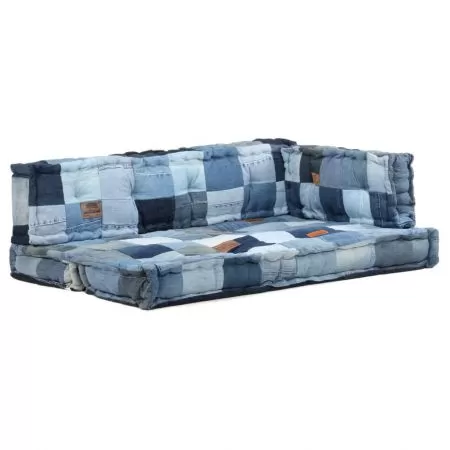 Set perne canapea din paleți, 3 piese, albastru, denim, petice