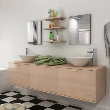  Set mobilier baie 10 piese cu chiuvete și robinete incluse, Bej