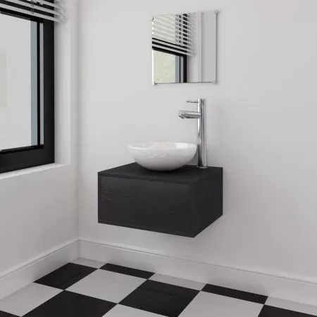  Set mobilier baie 4 piese cu chiuvetă și robinet incluse, Negru