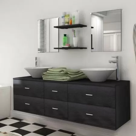  Set mobilier de baie, 9 piese, cu chiuvetă și robinet, negru