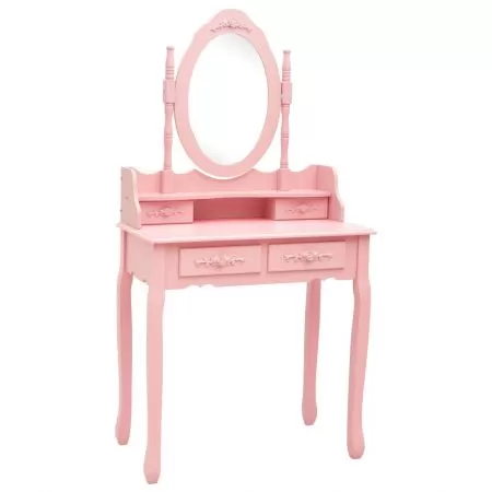 Set masa de toaleta cu taburet roz 75x69x140 cm lemn paulownia, roz