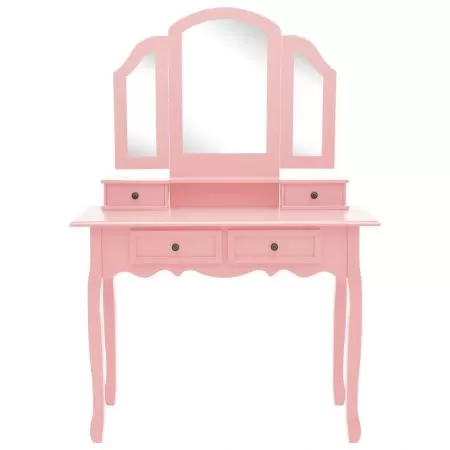 Set masa toaleta cu taburet roz 100x40x146 cm lemn paulownia, roz