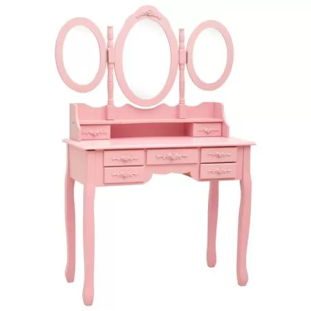 Masa de toaleta cu taburet si triptic oglinzi, roz
