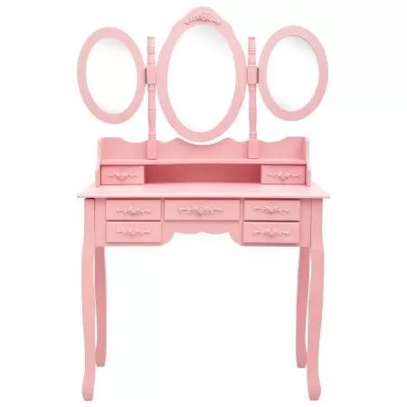 Masa de toaleta cu taburet si triptic oglinzi, roz