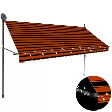  Copertină retractabilă manual cu LED, portocaliu & maro, 300 cm