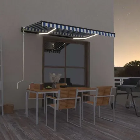  Copertină cu senzor vânt & LED, albastru și alb, 300x250 cm