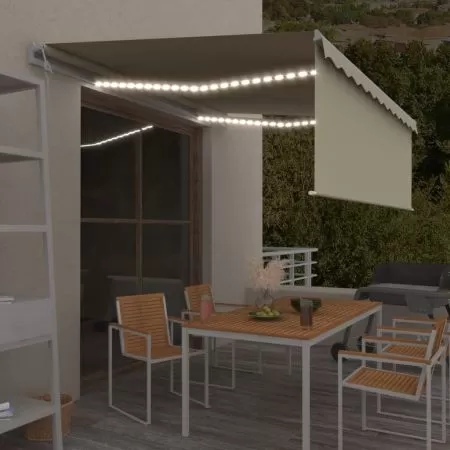  Copertină automată cu stor&senzor vânt&LED, crem, 4x3 m 