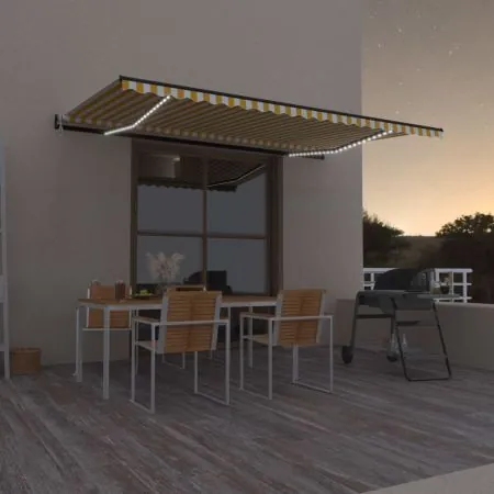  Copertină automată cu senzor vânt&LED, galben/alb, 500x300 cm