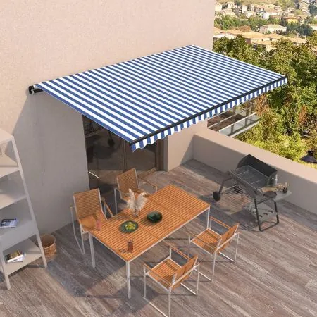  Copertină retractabilă manual, albastru și alb, 500x350 cm