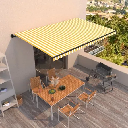  Copertină retractabilă manual, galben și alb, 500x350 cm