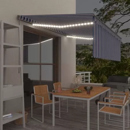  Copertină retractabilă manual cu stor&LED, albastru&alb, 4,5x3m