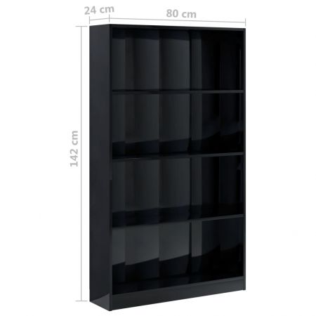 Bibliotecă cu 4 rafturi, negru extralucios, 80x24x142 cm, PAL