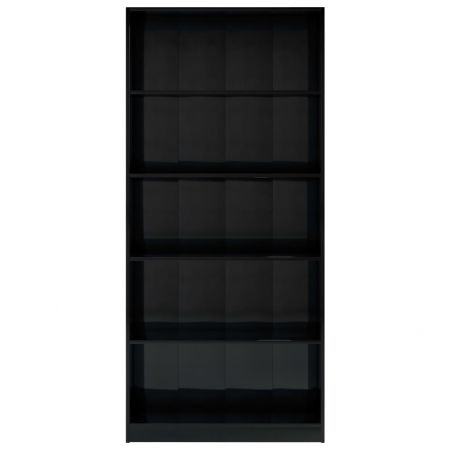 Bibliotecă cu 5 rafturi, negru lucios, 80 x 24 x 175 cm, PAL