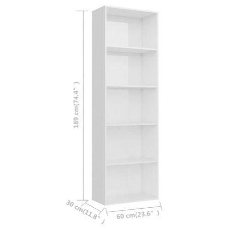 Bibliotecă cu 5 rafturi, alb lucios, 60 x 30 x 189 cm, PAL