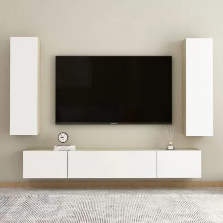 Comoda TV, alb si stejar sonoma, 30.5 x 30 x 110 cm