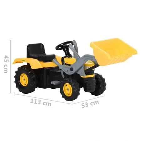 Tractor pentru copii cu pedale și excavator, galben și negru