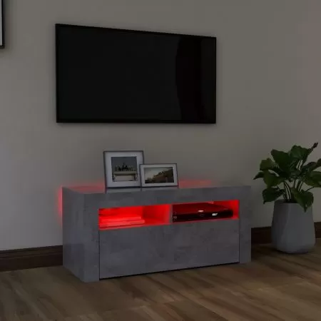 Comoda TV cu lumini LED, gri beton, 90 x 35 x 40 cm