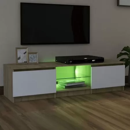 Comoda TV cu lumini LED, alb si stejar sonoma, 140 x 40 x 35.5 cm