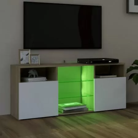 Comoda TV cu lumini LED, alb si stejar sonoma, 120 x 30 x 50 cm